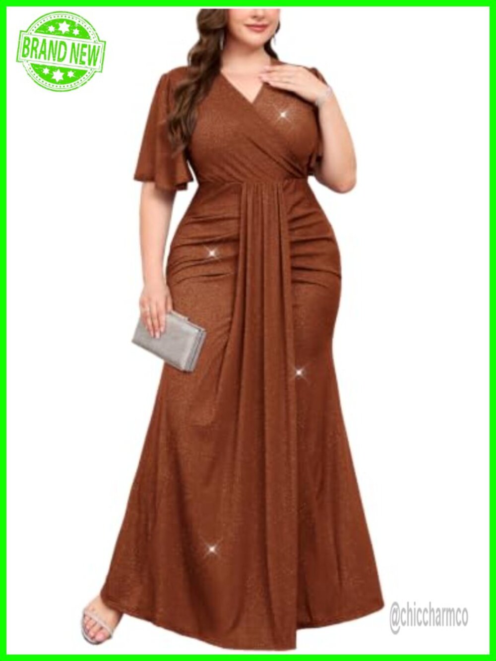 Plus Size Formal Evening Dress Sparkly V Neck Wrap Ruched Ruffle Sleeve Maxi
